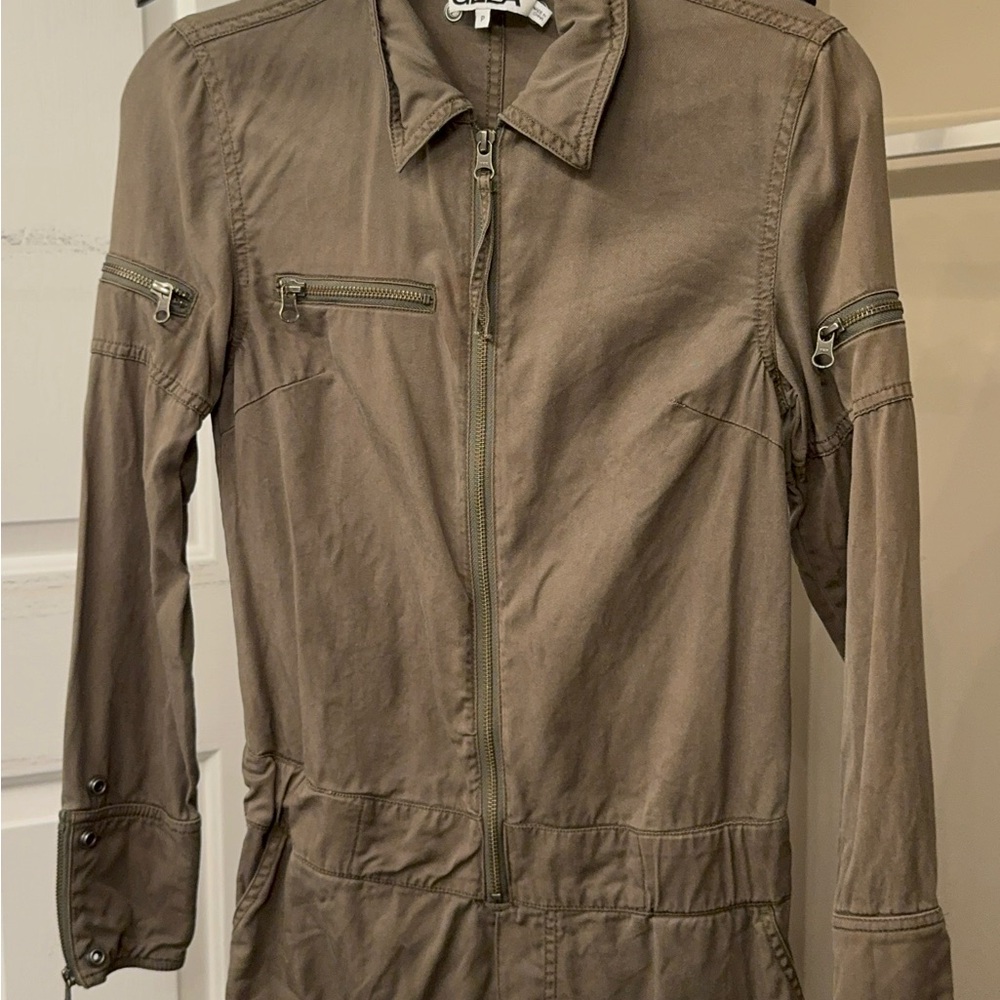 Pam & Gela Olive Utility Jumpsuit with Zipper Details